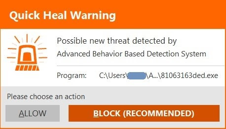 Quick Heal Behavior Detection System alert