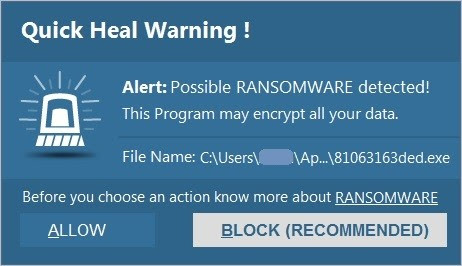 Quick Heal Anti-Ransomware alert